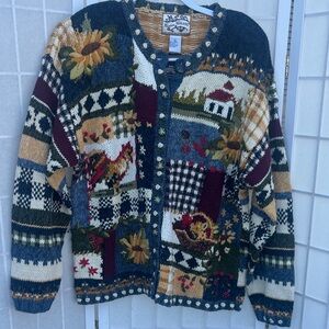 Heirloom Collectibles Fall Sunflower Motif Colorful Patchwork Cardigan Sweater
